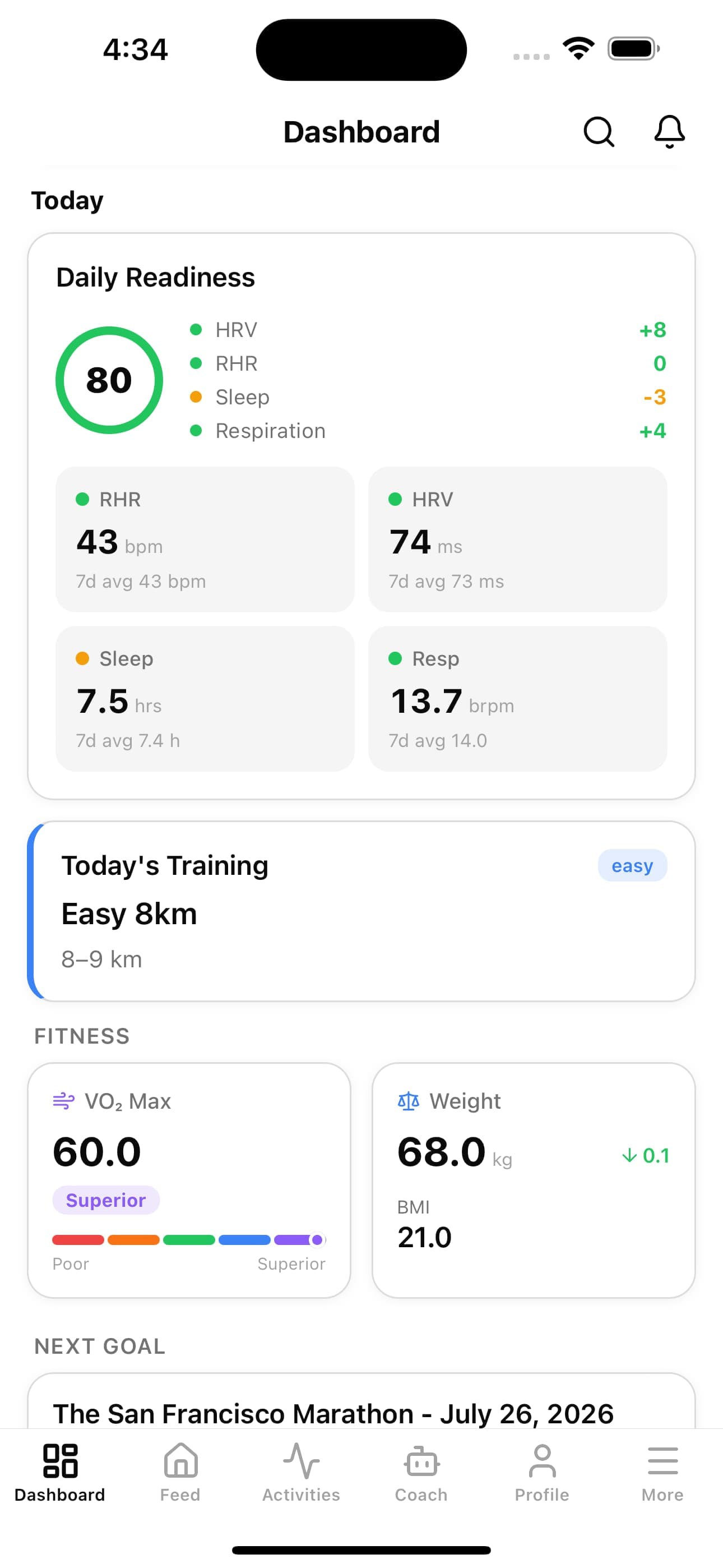 Hashiri.AI dashboard on iPhone — daily readiness, today's training and fitness
